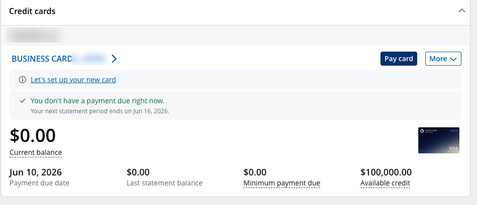 Chase account showing $100,000 of available credit