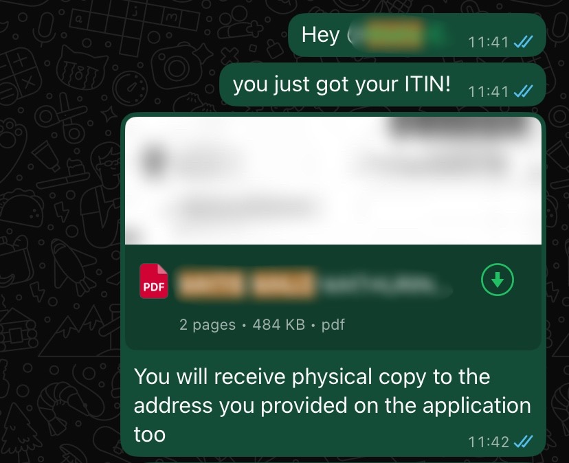 Client ITIN confirmation message
