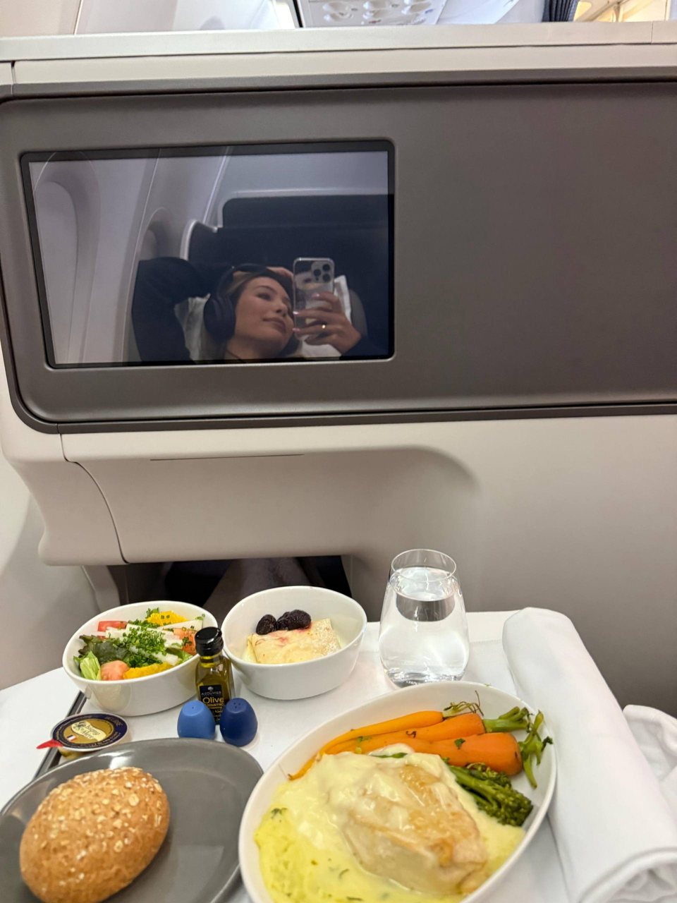 Her business class dinner